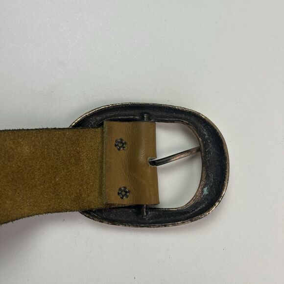 vintage Tan Soft Leather Wide Belt S Brass Buckle Western Classic Heritage Prep - Picture 11 of 12